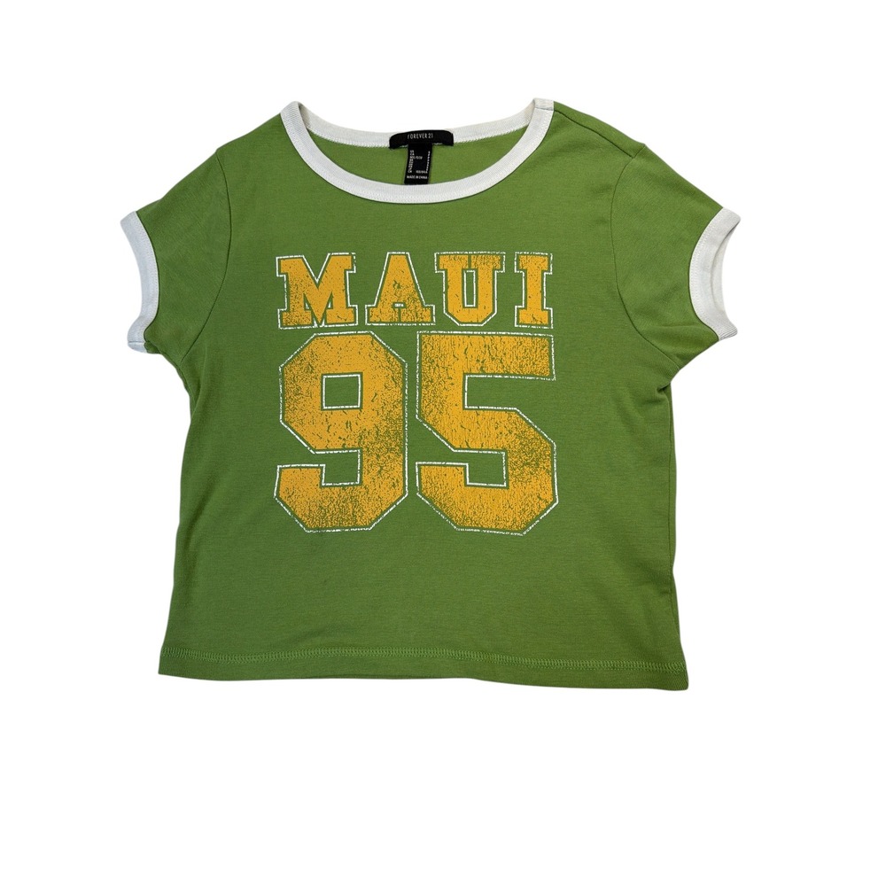 Forever 21 Womens Small MAUI 95 Retro Ringer Graphic Tee Green Y2K Style